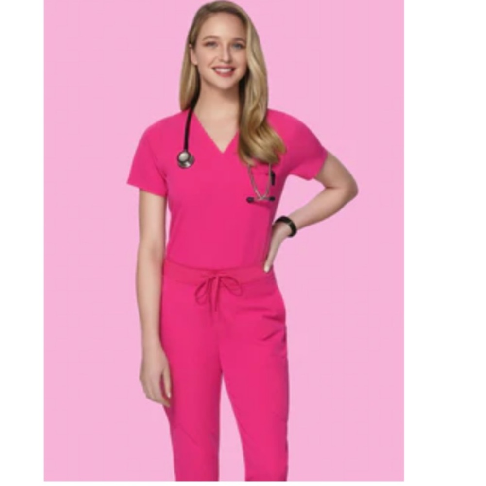 Mandala Scrub Set Shocking Pink (high waisted joggers, top, jacket)